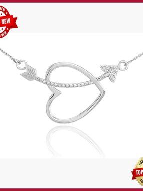 Sterling Silver CZ Arrow Open Heart Pendant Necklace 16in